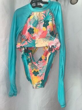 wonder nation Girls Teal Floral Long Sleeve Rashguard Swimsuit Set